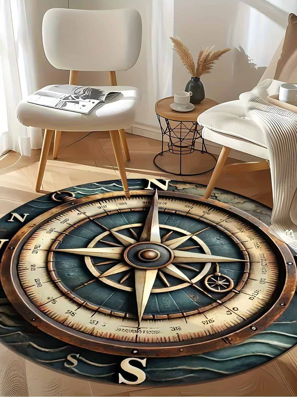 Source Unknown Nautical Compass Rug/Tapestry in Teal and Brown